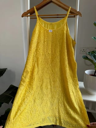 Muslin Chikankari Noodle Strap short Top - Canary Yellow-Yellow / Cotton / XS