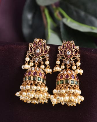 Flower Model Uncut Kemp Stones Jhumka Earrings - Multicolour