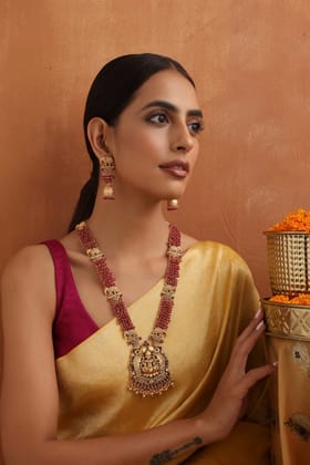 Dharnitha Red Temple Work Long Necklace Set-Temple Work