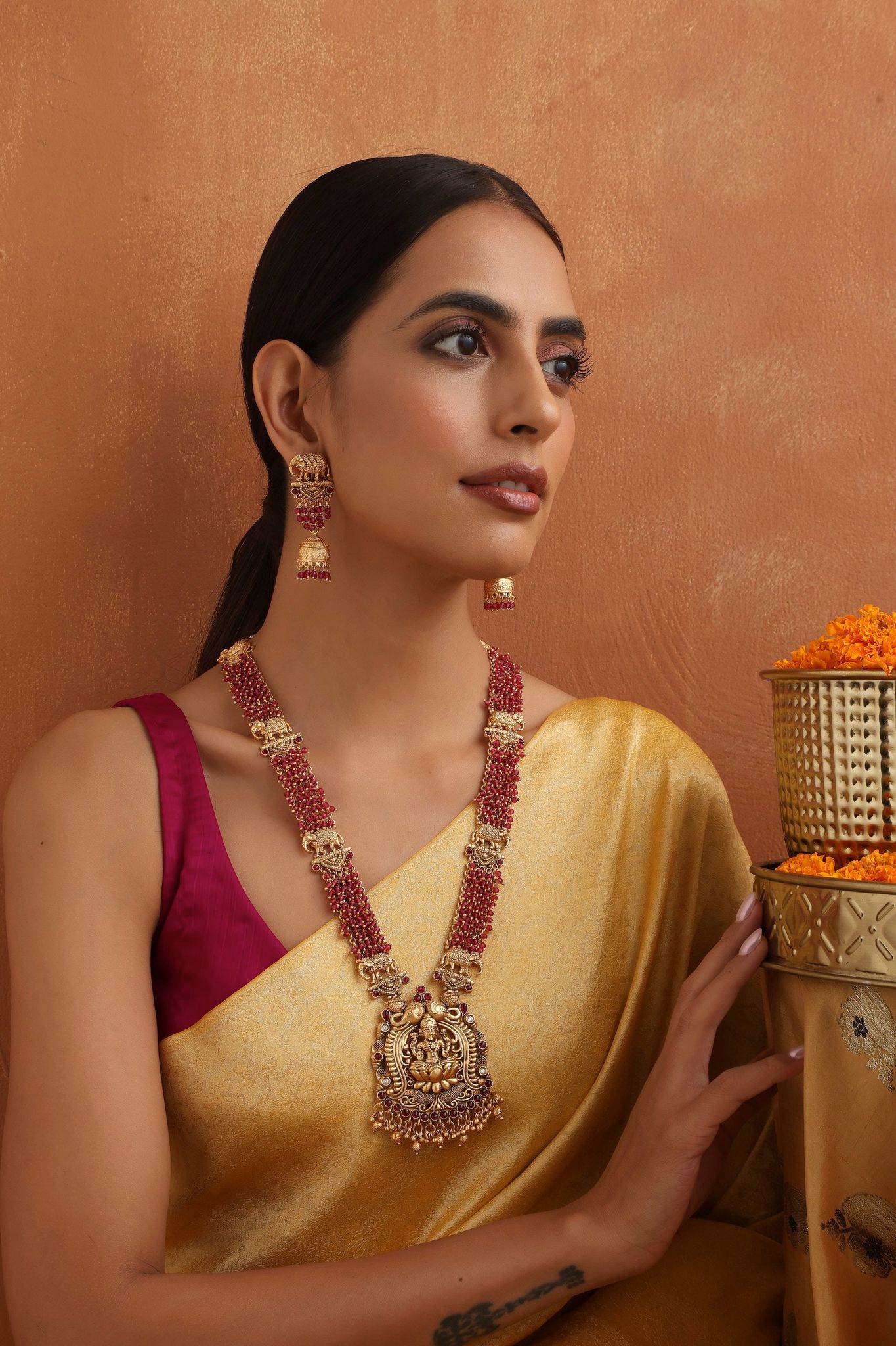Dharnitha Red Temple Work Long Necklace Set-Temple Work