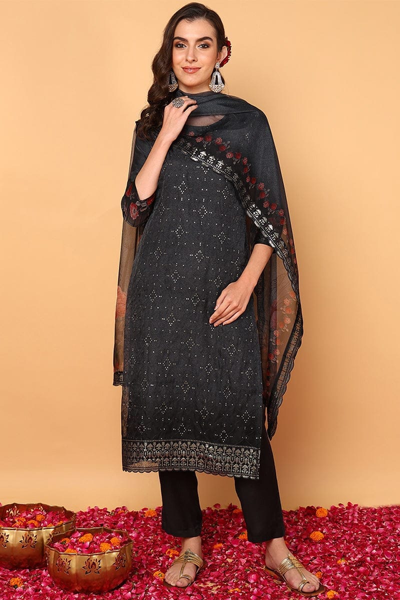 Plus Size Black Organza Floral Embroidered Straight Suit Set PKSKD2091