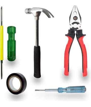 Aldeco Hand Tool Kit Heavy duty Grip Plier (Pilash), Claw Hammer, 2in1 Screw Driver Set, Tester & Tape. Tools For Domestic & Industrial Purpose.
