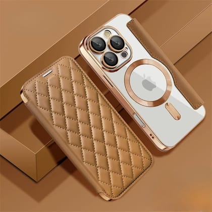 Gold Electroplated Premium Leather Luxury Flip Case-iPhone 16 Pro