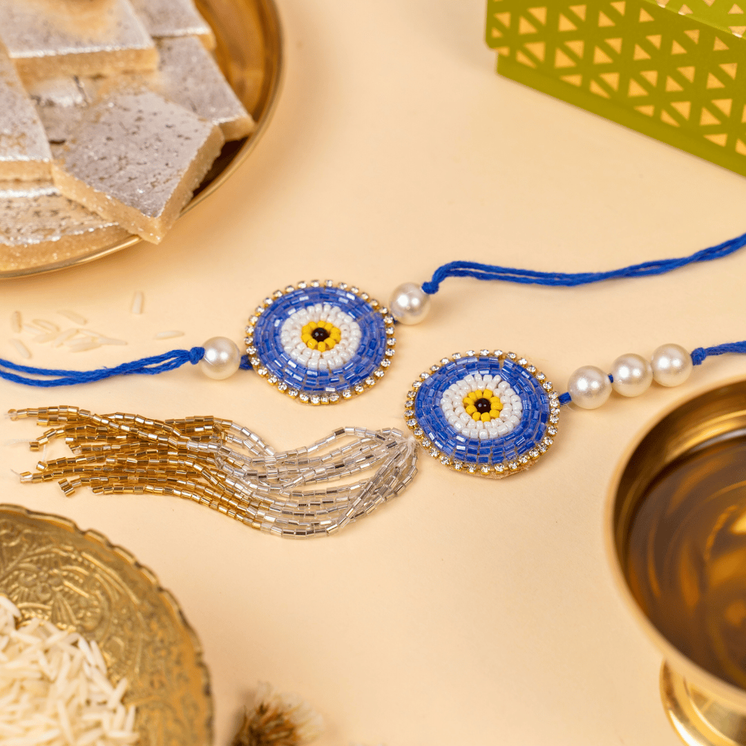 Evil Eye Beads Rakhi & Lumba Set-1 Rakhi + 1 Lumba Set