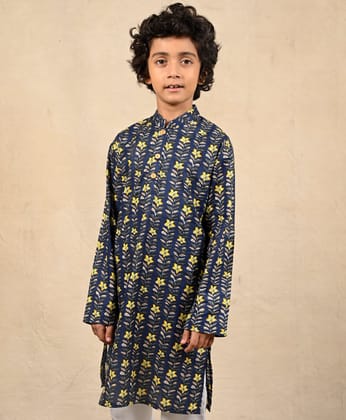 FESTIVE BLUE FLORAL PRINT PURE COTTON KURTA - BLUE-2-3 YEARS / 1N / BLUE