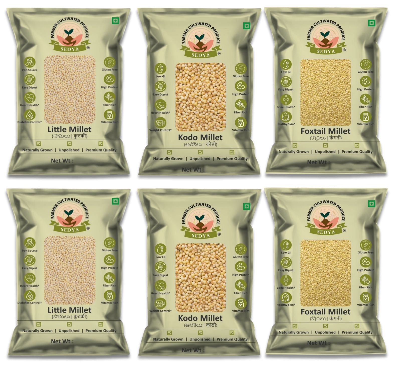 Sedya Millets 3 KG Combo Pack | Little, Kodo & Foxtail Millet | 6 x 500g Packs | Naturally Grown, Unpolished & Premium Quality