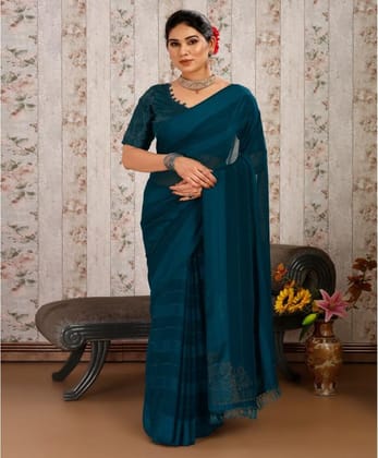 Women's Chiffon Fabric Line Saree with Unstitched Blouse (Blue, 5-6 Mtrs)
