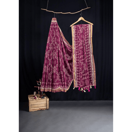 TheHangr Women's Wine Jaipuri Cotton Saree With Blouse Piece