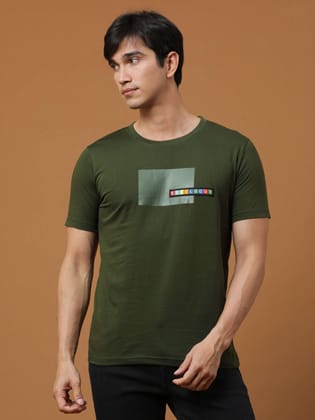 Estilocus Dk Olive Crew Neck Printed T Shirt-S