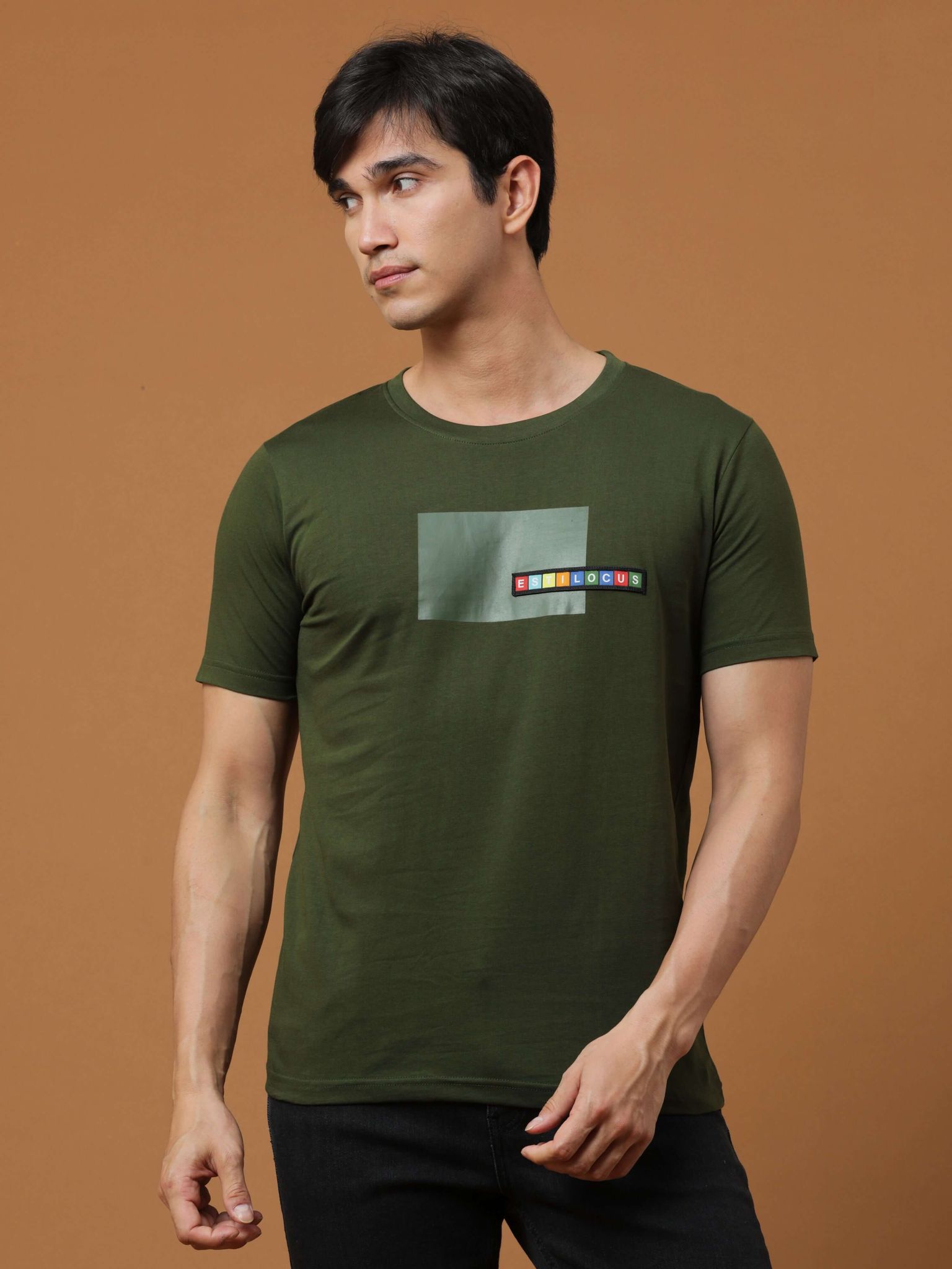 Estilocus Dk Olive Crew Neck Printed T Shirt-S
