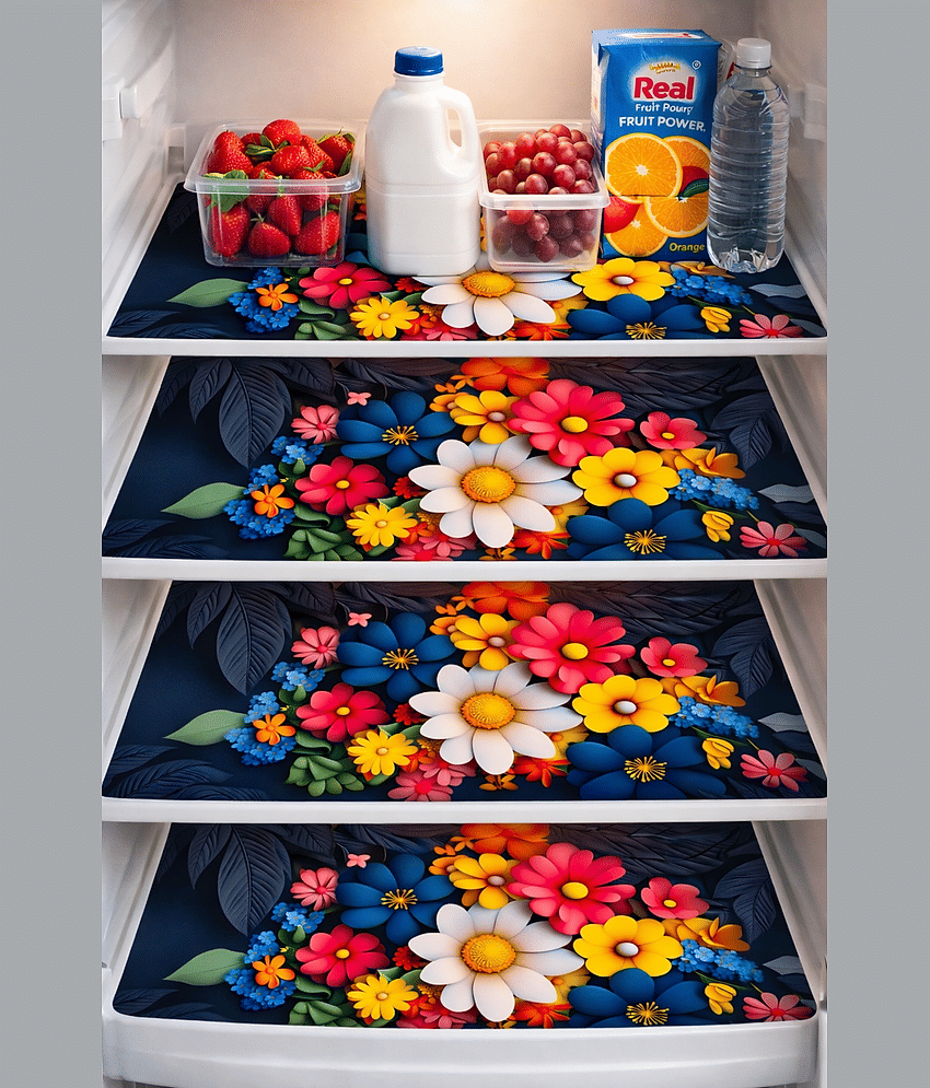 THE LION'S SHARE PVC Floral Fridge Mats ( 30 44 ) Pack of 4 - Beige