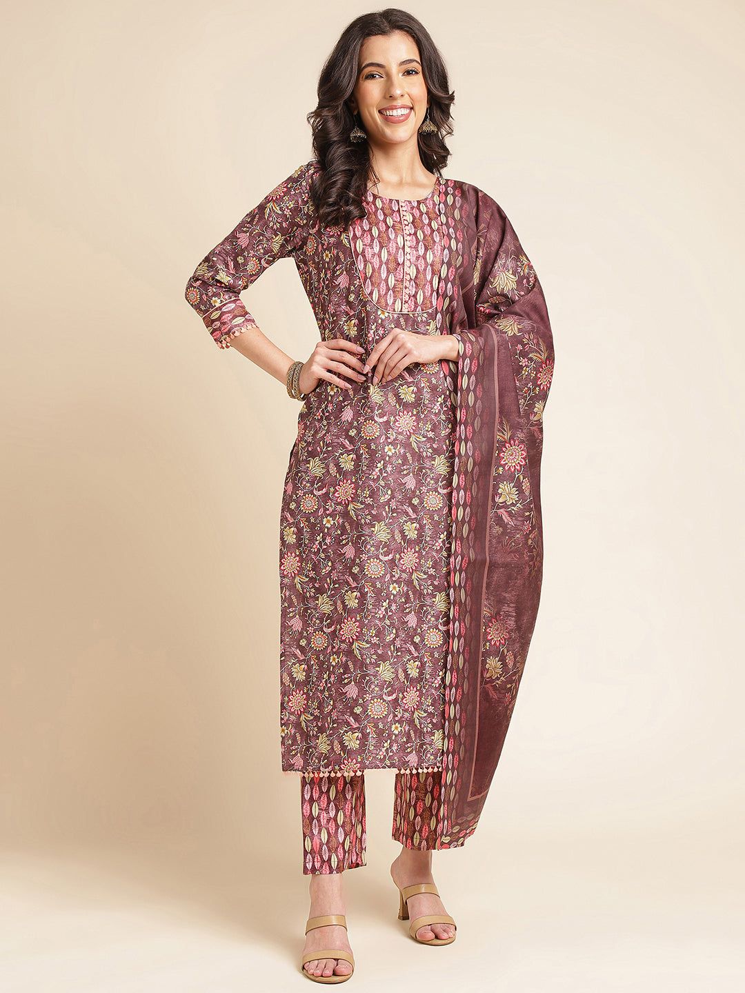 Rose Taupe Floral Printed A-line Muslin Kurta Set-S