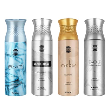 Ajmal AVID Pour Homme, Silver Shade, Shadow, and Evoke Silver Edition Him Deodorant Perfume 200ML Each - Pack of 4 for Men Ajmal AVID Pour Homme, Silver Shade, Shadow, and Evoke Silver Edition Him Deodorant Perfume 200ML Each - Pack of 4 for Men - 1 ml (