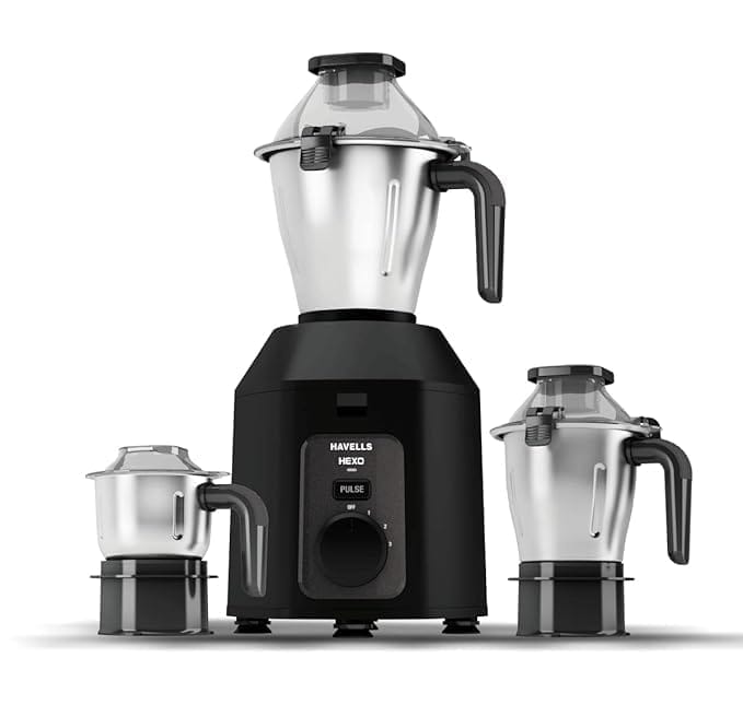 Havells Hexo Plus 1100 Watts 3 Jar Mixer Grinder| High Speed Mixie 22000 RPM motor| 100 Minutes Continuous Run Time|SS Jars with Handle| Metal Jar Base| 5 Year Motor Manufacturer Warranty (Black)