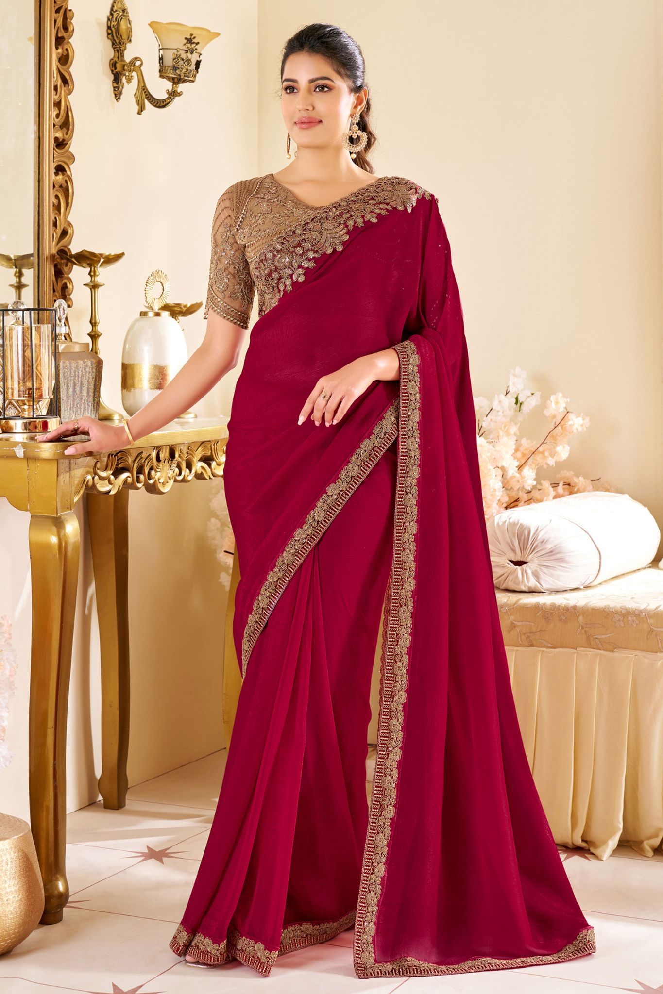 Pink Embroidered Silk Saree