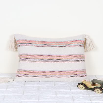 Hand Stitched Embroidery Cushion Cover | Handmade Off-White and Red Woven Tassel Pillow Cover | Rectangle Shape 14X20 Inches Cushion Cover