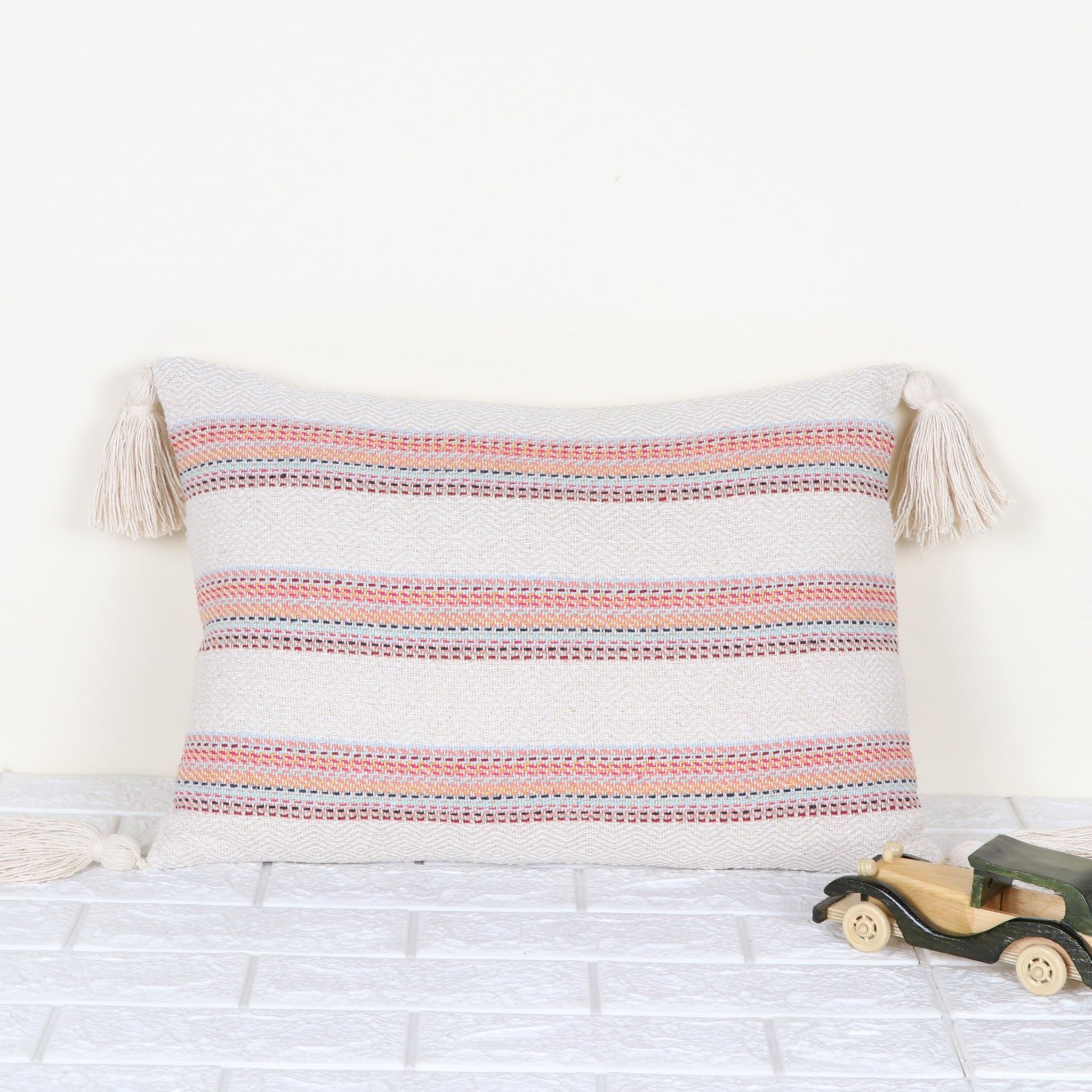Hand Stitched Embroidery Cushion Cover | Handmade Off-White and Red Woven Tassel Pillow Cover | Rectangle Shape 14X20 Inches Cushion Cover