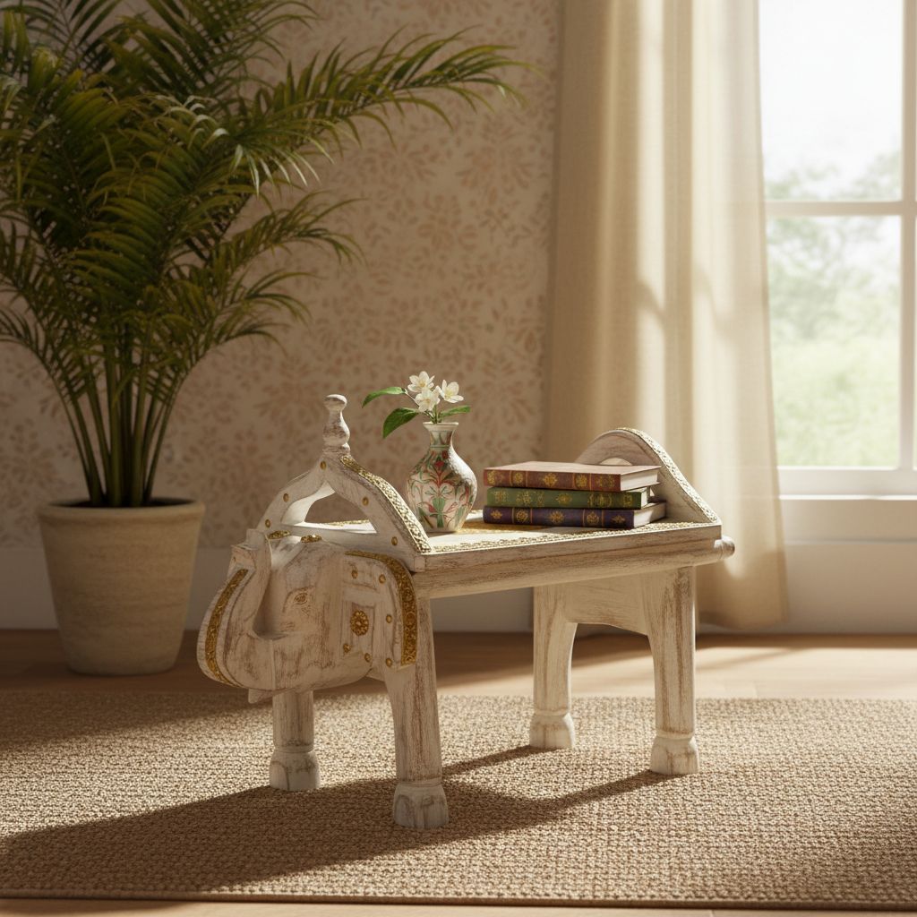 Indian White Wash Showpiece Wooden Stool Furniture