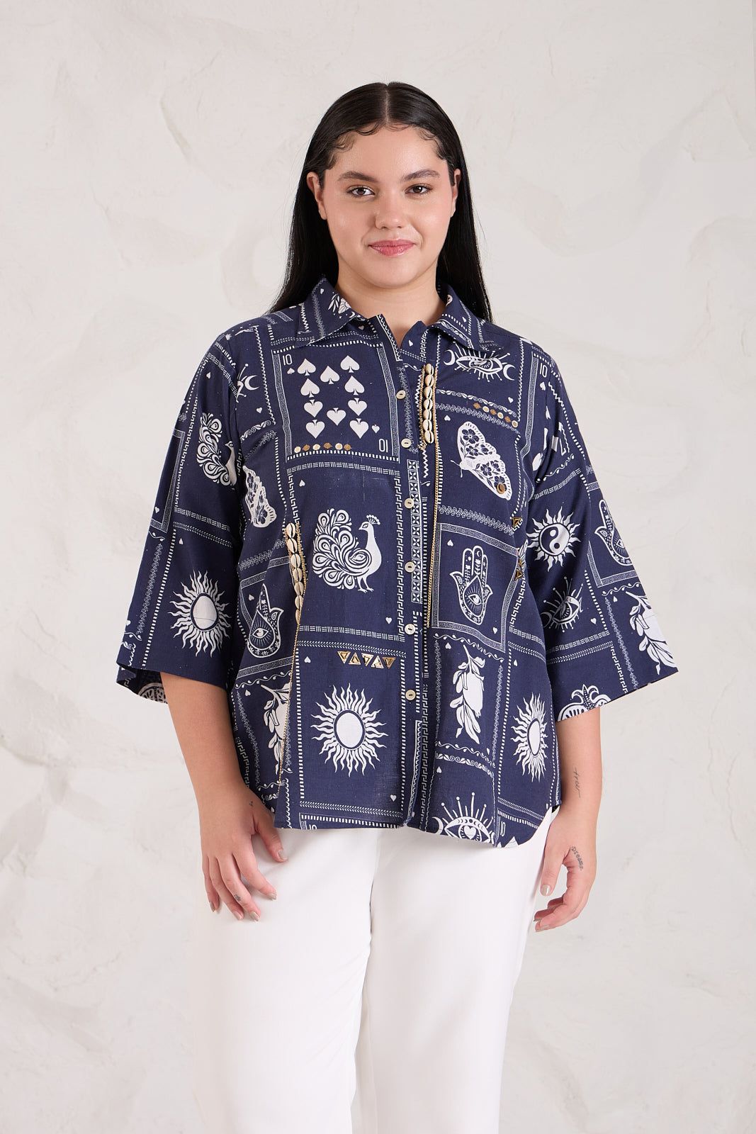 HAMSA cotton linen shirt-Navy / XXS / COTTON LINEN