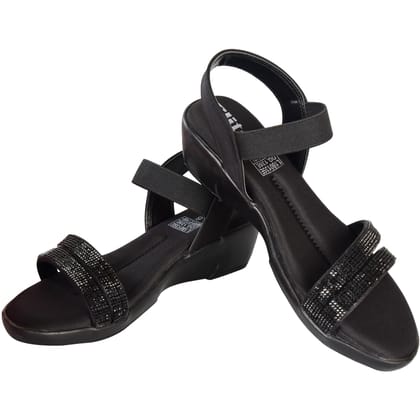 ELITE Women's Embellished Comfort Sandals - Elastic Strap|Low Wedge Heel - Black