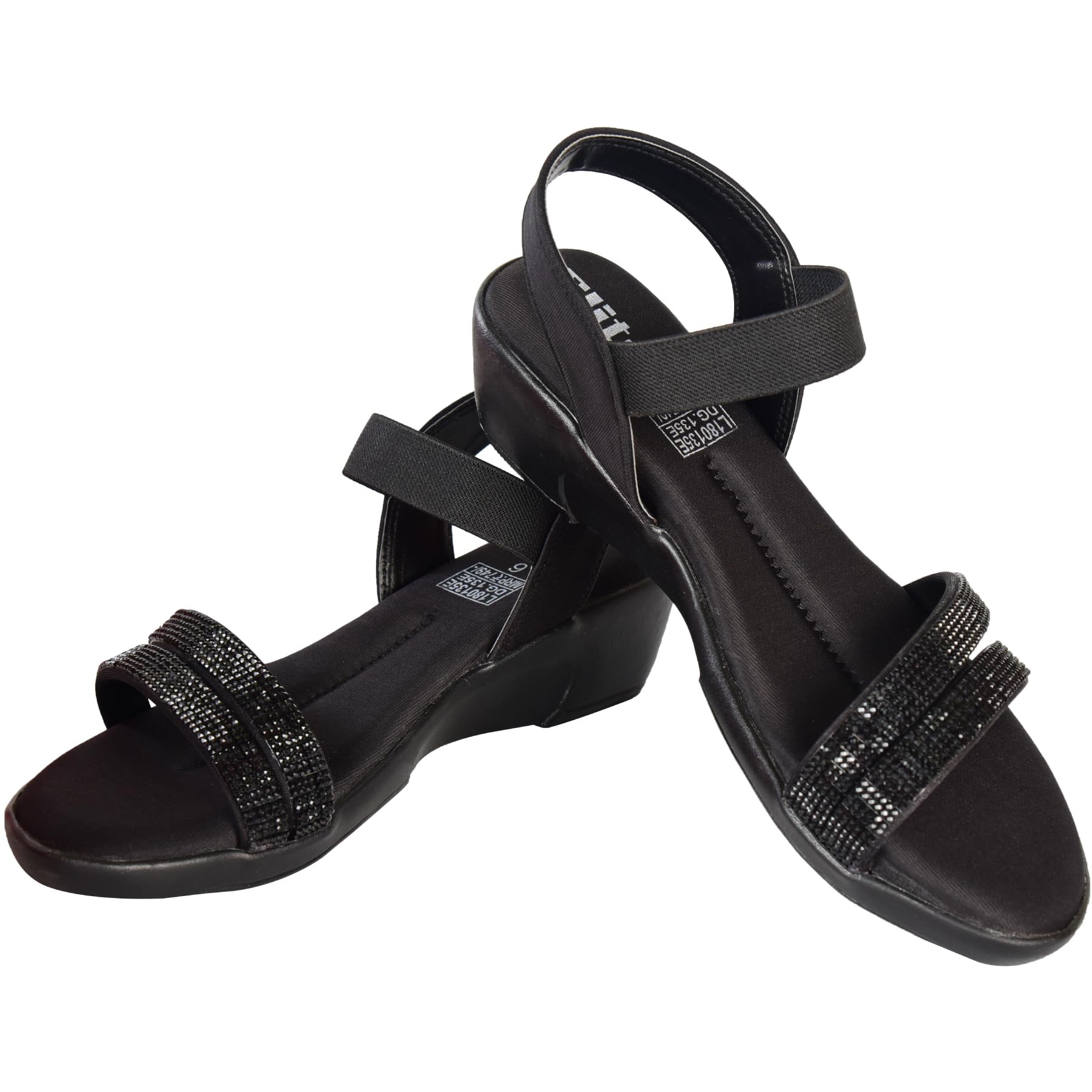 ELITE Women's Embellished Comfort Sandals - Elastic Strap|Low Wedge Heel - Black