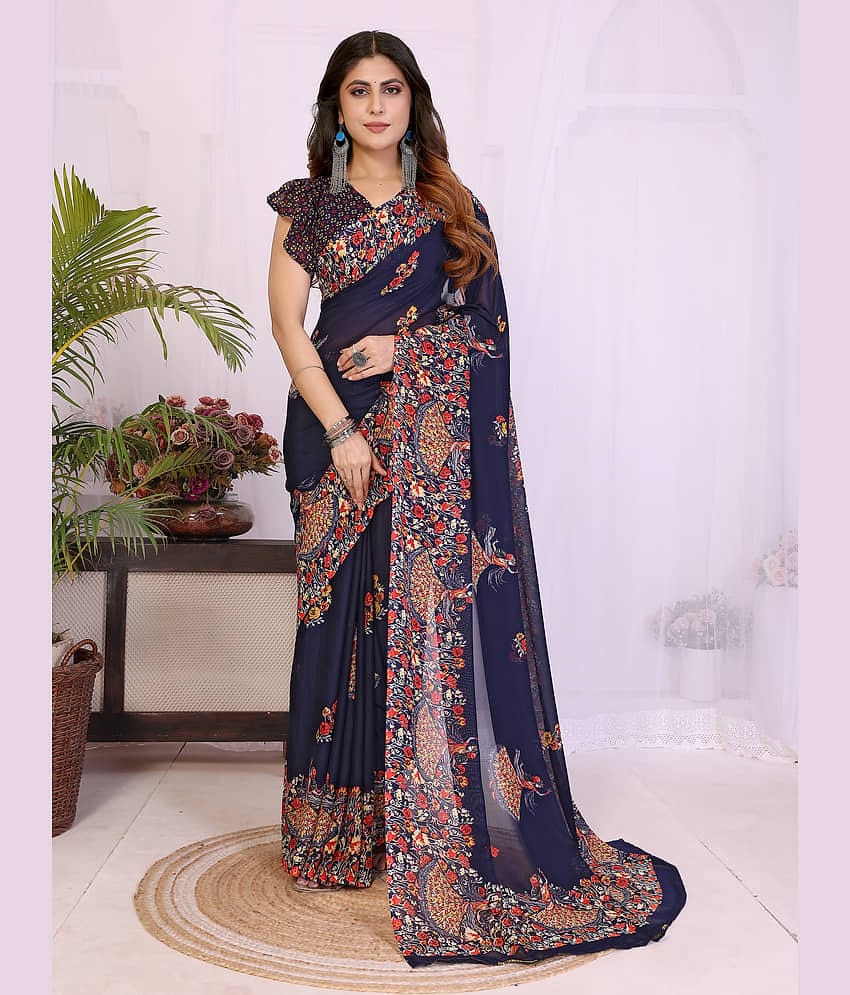 TTH Georgette Printed Regular Saree With Unstitched Blouse Piece ( Navy Blue )