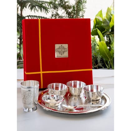Handcrafted Pure Silver Plated Embossed Design Dinner Set 7 Pieces-SilverPlated