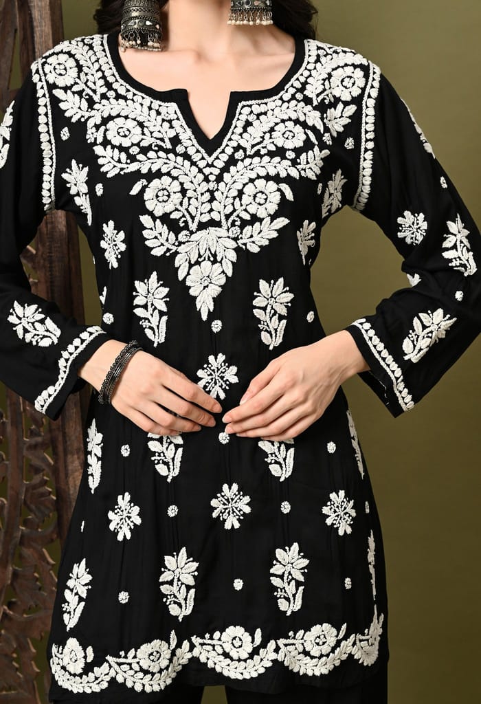 Chikankari Cord Set in Modal Fabric - Black