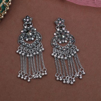 Silver Color Oxidised Earrings (GSE3069SLV)-Length: 8.50 CM x Width: 3.00 CM / Silver / Alloy With Good Quality Silver Plated