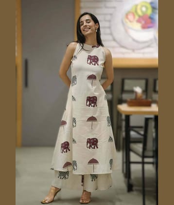 Nirja Fab Women Cotton Blend Printed A-line Kurti With Palazzo ( Off White )