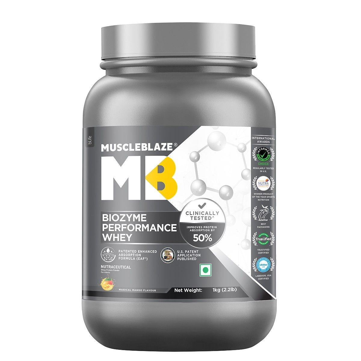 MuscleBlaze Biozyme Performance Whey Protein Clinically Tested 50 Higher Protein Absorption (Magical Mango, 1 kg)