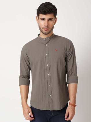 Amswan Premium Men'S Grey Crinkle Cotton Shirt - Mandarin Collar, Long Sleeves-M-40