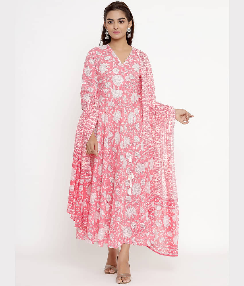Angiya Pink Cotton Anarkali Kurti -
