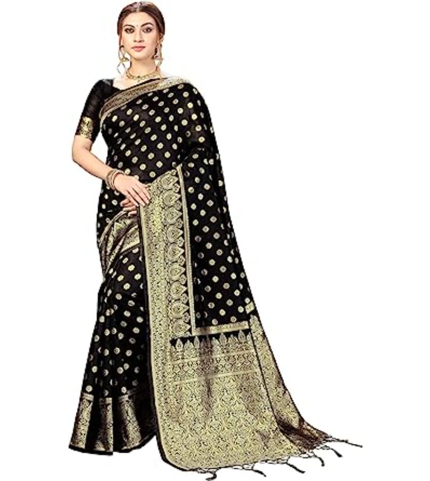 Women's Floral Pattern Jacquard Woven Banarasi Art Silk Saree with Unstitched Blouse Piece (Black, 5-6mtrs)