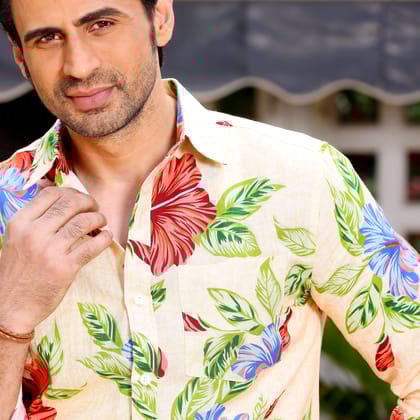 Hibiscus Flower Light Peach Casual Pure Linen Full Shirt (Size - S) by BLUE EAGLE Hibiscus Flower Light Peach Casual Pure Linen Full Shirt (Size - S) by BLUE EAGLE