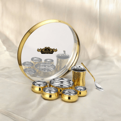 Brass Steel Curve Hammered Thali set 8 pcs