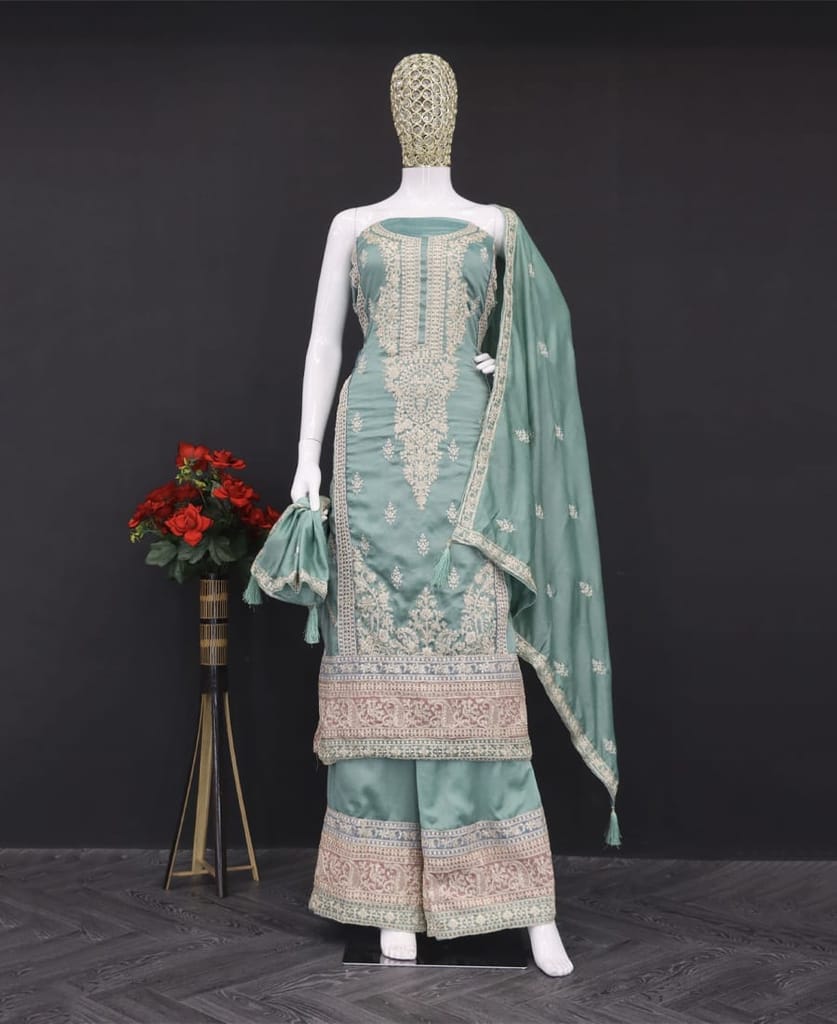 vichitra silk light green heavy embroidered straight suit for women