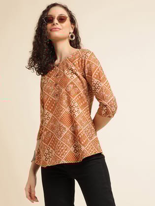 Orange Printed Cotton Blend Top-S
