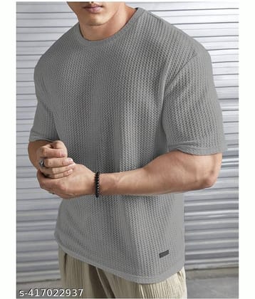 TAZO Cotton Blend Oversized Fit Self Design Half Sleeves Men's Round T-Shirt - Grey ( Pack of 1 )