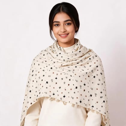 Cream Cotton Floral Print Shawl For Women