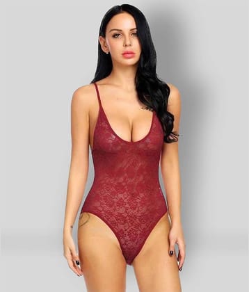 Celosia - Maroon Lace Women's Nightwear Baby Doll Dresses Without Panty ( Pack of 1 )