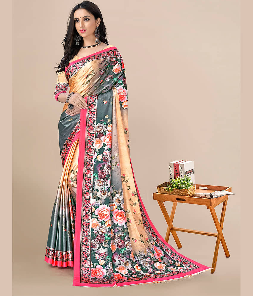 Rekha Maniyar Satin Printed Saree With Unstitched Blouse Piece ( SkyBlue )