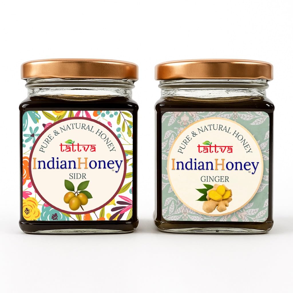 IndianHoney Premium & Highly Medicinal Sidr Honey & Warming & Anti-Inflammatory Ginger Infused Honey Combo Pack (230gm & 230gm)