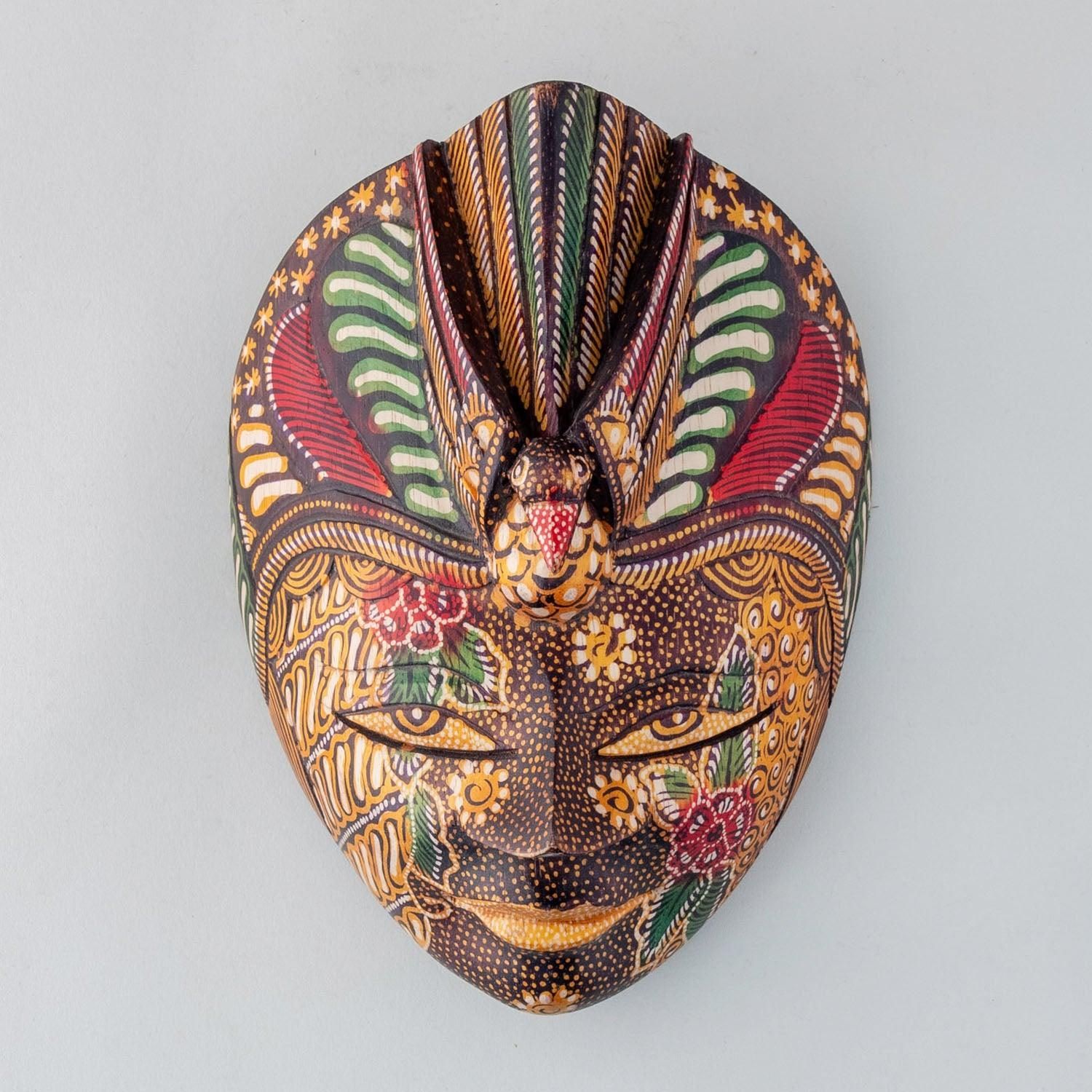 Eyaas Indonesian Batik Wooden Mask Featuring Garuda Bird Design