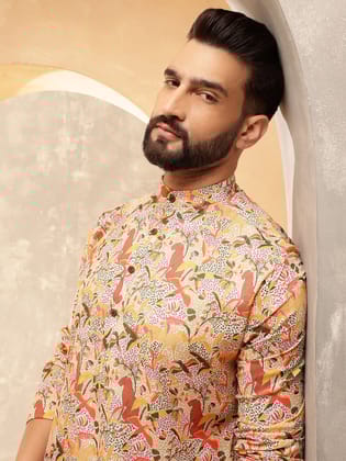 Men's Cotton Linen Kalamkari Printed Multi & Beige Only Long Kurta-36