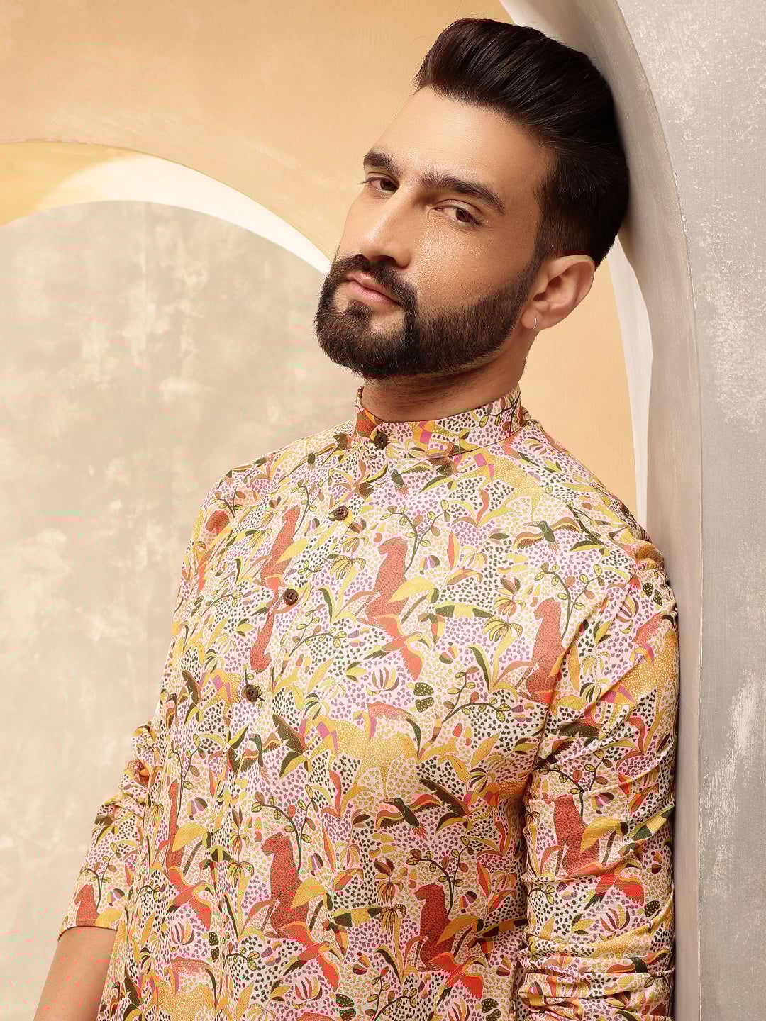 Men's Cotton Linen Kalamkari Printed Multi & Beige Only Long Kurta-36