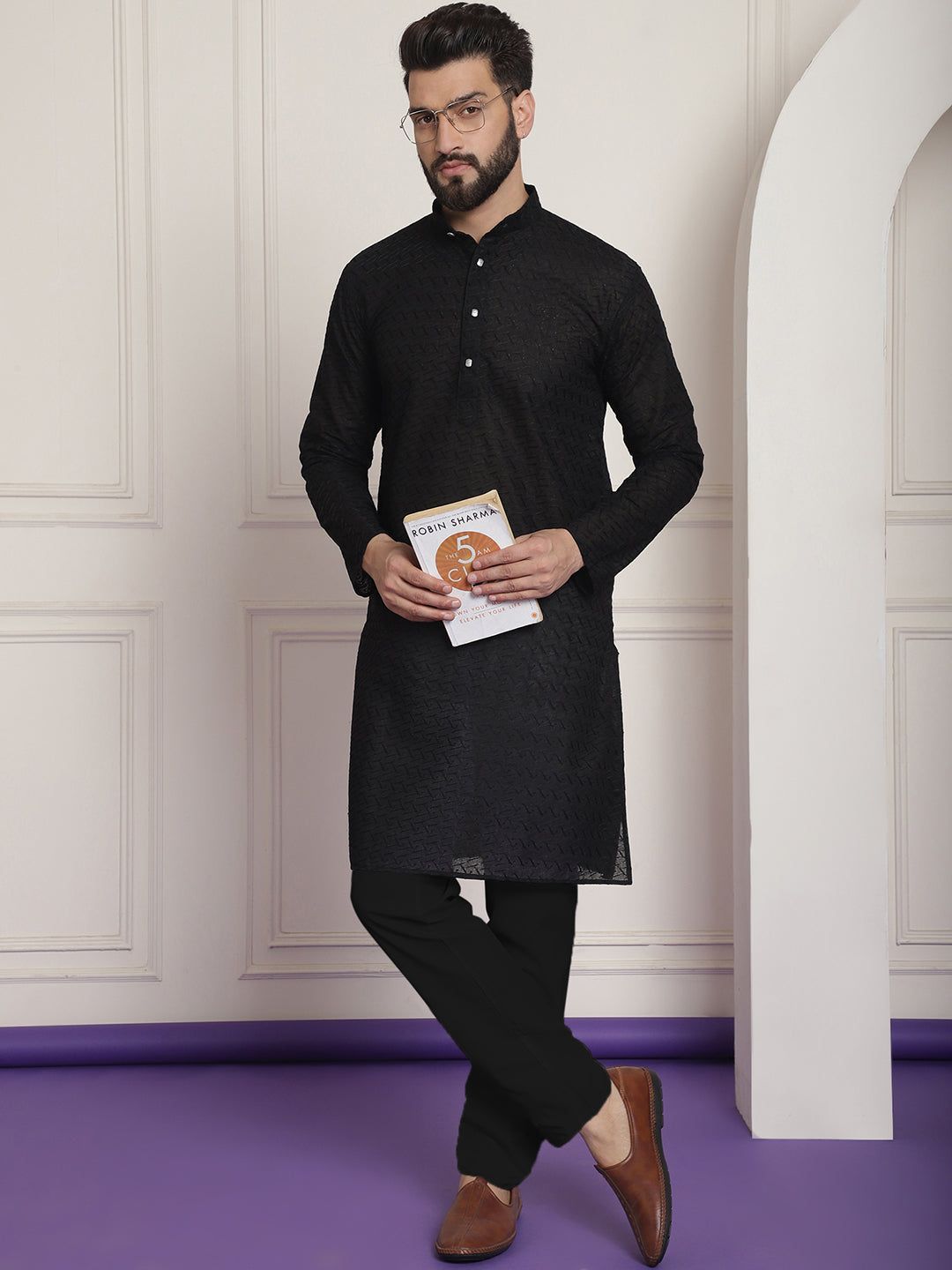 Sojanya Ethnic Motifs Embroidered Thread Work Pure Cotton Black Straight Kurta With Churidar-38