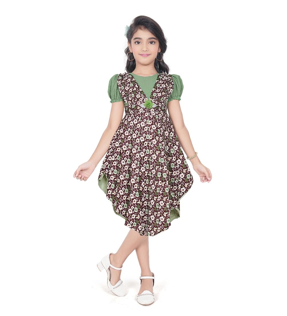 Girl's Twill Printed Short Sleeve Round Neck Dress (Green, 8-9_Yrs)-PID63812