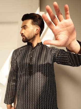 Men's Silk Blend Black Long Kurta with Contrast White Thread Detailing-36