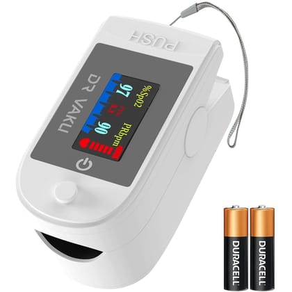 Dr Vaku Pulse Oximeter, Fingertip SpO2 Blood Oxygen Saturation Monitor & Heart Rate Tracker with Four-Color TFT Display and Battery Included - White
